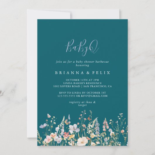 ワイルドフラワーグリーンBabyQベビーシャワーバーベキュー 招待状 (正面)