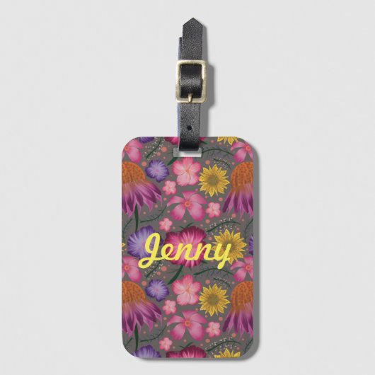 ワイルドフラワーグレーパーソナライズされたフローラ ラゲッジタグ (正面縦)