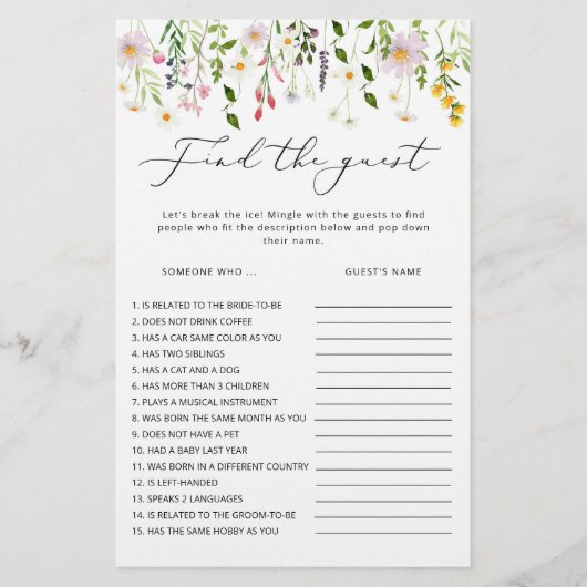 ワイルドフラワーゲストのブライダルシャワーゲームを見つける (正面)