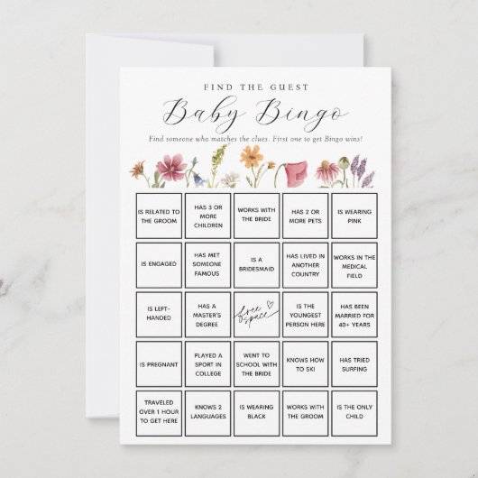 ワイルドフラワーゲストベビービンゴゲームカードの検索 招待状 (正面)