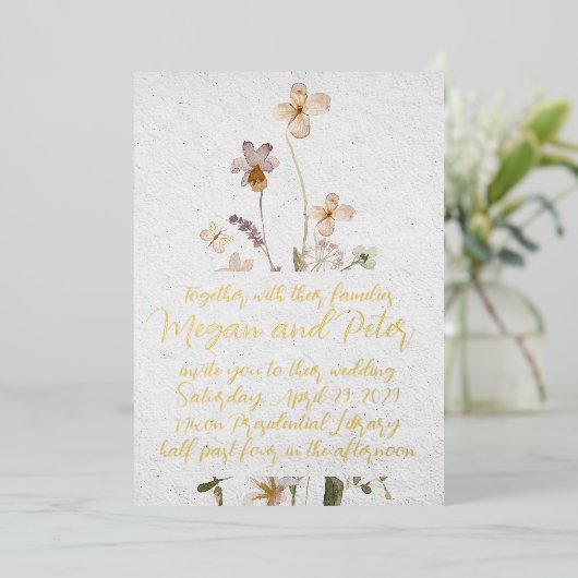 ワイルドフラワーゴールドフォイル書道ファインアートスタイル 箔招待状 (立ち正面)