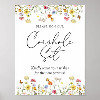 ワイルドフラワーサイン私たちのコーンホールセット赤ちゃんシャワーのサイン ポスター