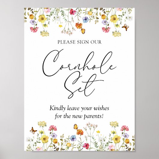 ワイルドフラワーサイン私たちのコーンホールセット赤ちゃんシャワーのサイン ポスター (正面)