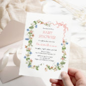 ワイルドフラワーサマーピンクボウ赤ちゃんシャワー 招待状