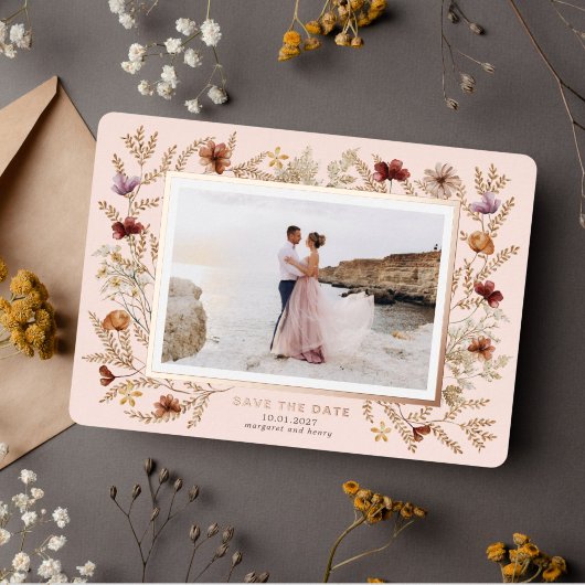 ワイルドフラワーサラウンド日付の保存 箔招待状