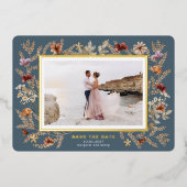 ワイルドフラワーサラウンド日付の保存 箔招待状 (正面)