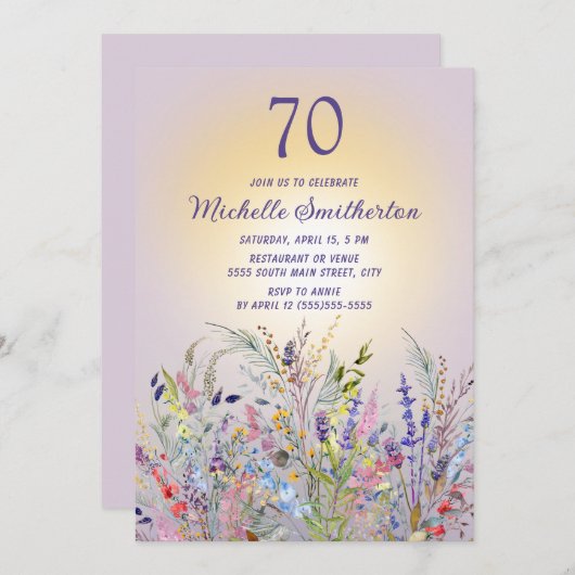 ワイルドフラワーサンパープルウィメンズ70誕生日 招待状 (正面/裏面)