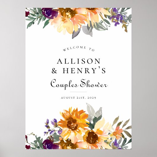ワイルドフラワーサンフラワーカップルブライダルシャワーサイン ポスター (正面)