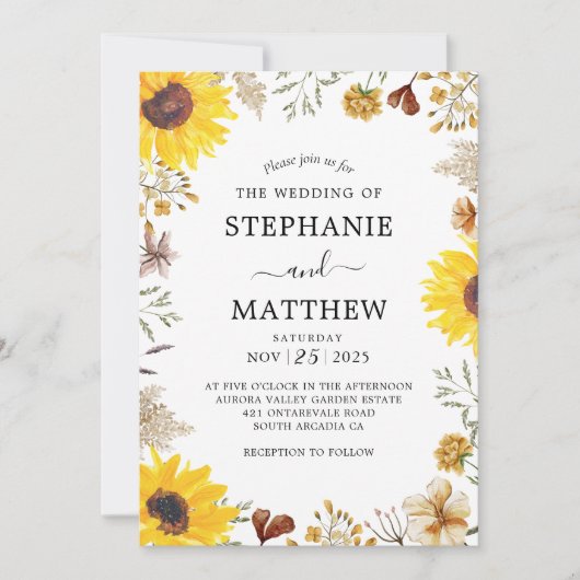 ワイルドフラワーサンフラワーボタニカルウォーター結婚カラー 招待状 (正面)