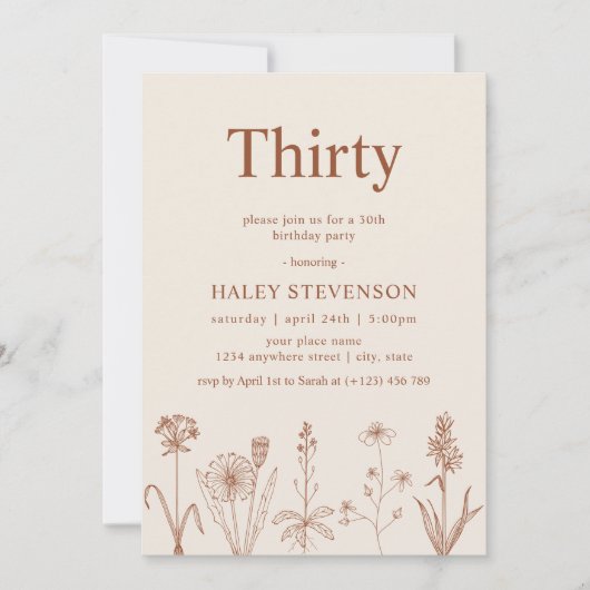 ワイルドフラワーサーティベージュテラコッタ30th誕生日 招待状 (正面)