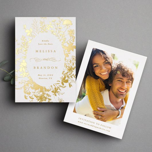 ワイルドフラワーシルエットウェディング日付写真を保存 箔招待状