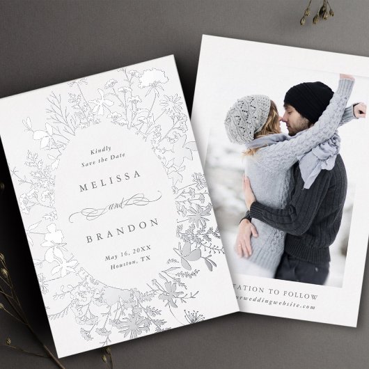 ワイルドフラワーシルエットウェディング日付写真を保存 箔招待状