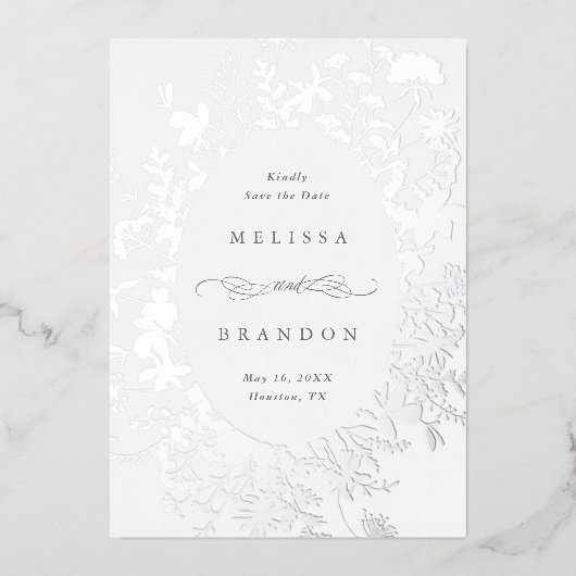 ワイルドフラワーシルエットウェディング日付写真を保存 箔招待状 (正面)