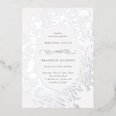 ワイルドフラワーシルエットオーバル結婚フレームのシルバー 箔招待状 (正面)