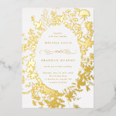 ワイルドフラワーシルエットオーバル結婚フレームの金ゴールド 箔招待状 (正面)