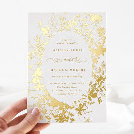 ワイルドフラワーシルエットオーバル結婚フレームの金ゴールド 箔招待状