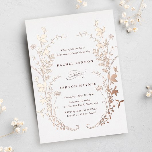 ワイルドフラワーシルエットリースリハーサルディナー 箔招待状