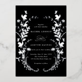 ワイルドフラワーシルエットリース結婚ブラックズシルバー 箔招待状 (正面)