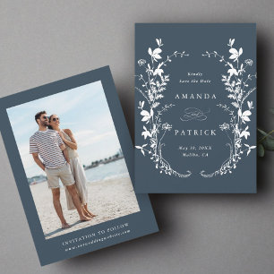 ワイルドフラワーシルエット結婚のフォトネイビーブルー セーブザデート