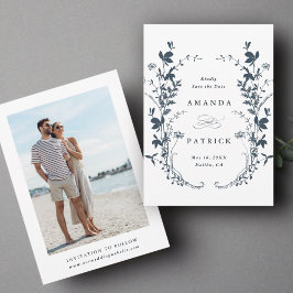 ワイルドフラワーシルエット結婚のフォトネイビーブルー セーブザデート