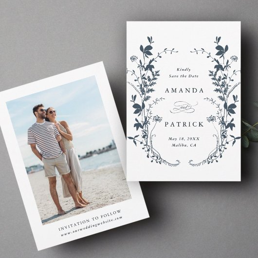 ワイルドフラワーシルエット結婚のフォトネイビーブルー セーブザデート