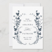 ワイルドフラワーシルエット結婚のフォトネイビーブルー セーブザデート (正面)