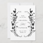 ワイルドフラワーシルエット結婚のフォトブラック&ホワイト セーブザデート (正面)