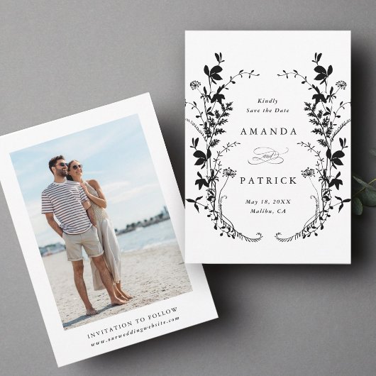 ワイルドフラワーシルエット結婚のフォトブラック&ホワイト セーブザデート