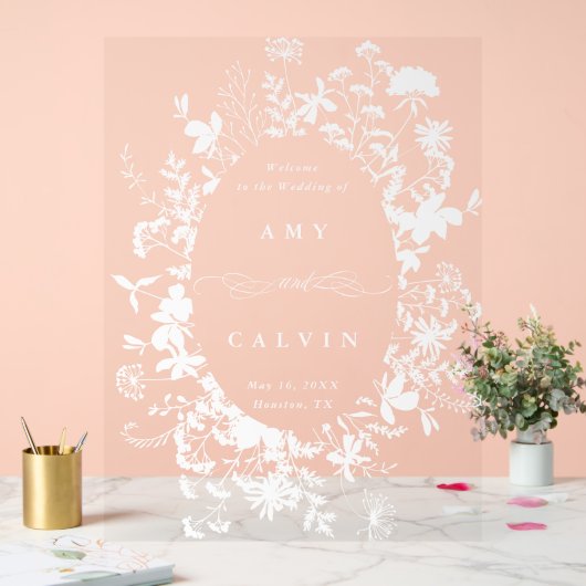 ワイルドフラワーシルエット結婚フレームへようこそ アクリルサイン (ウェディング)