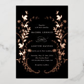 ワイルドフラワーシルエット結婚ブラックのバラ金ゴールド 箔招待状 (正面)