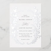 ワイルドフラワーシルエット結婚リースズシルバー 箔招待状 (正面)