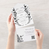 ワイルドフラワーシルエット結婚リースズブラック&ホワイト オールインワン招待状 (貼ってはがせる)