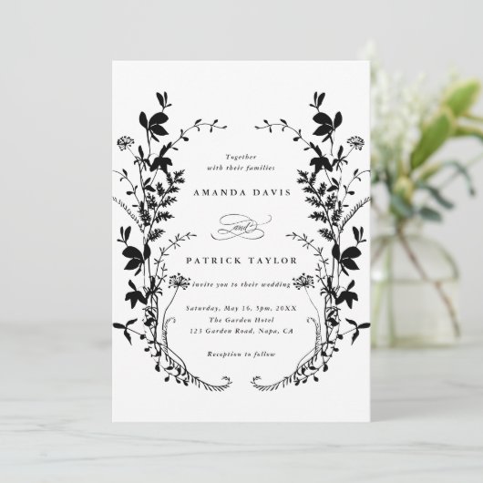 ワイルドフラワーシルエット結婚リースズブラック&ホワイト 招待状 (スタンド正面)