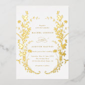 ワイルドフラワーシルエット結婚リース金ゴールド 箔招待状 (正面)