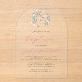 ワイルドフラワーシルバークロスピンクのスクリプトガールバプテスマ アクリル招待状 (正面)