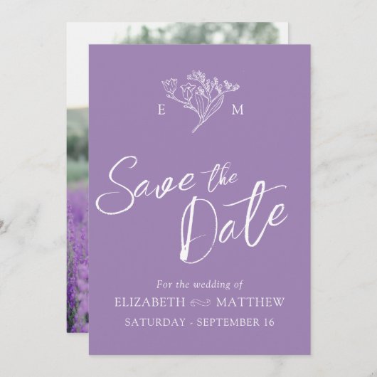 ワイルドフラワーシンプルモノグラムスケッチ紫色の写真 セーブザデート (正面/裏面)