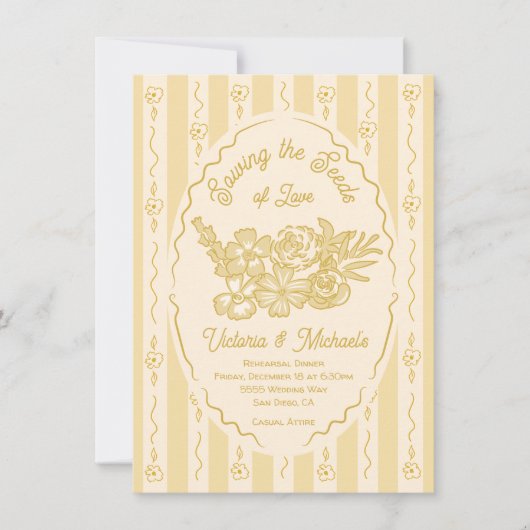 ワイルドフラワーシードパケット手描きリハーサルディナー 招待状 (正面)