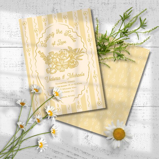 ワイルドフラワーシードパケット手描きリハーサルディナー 招待状