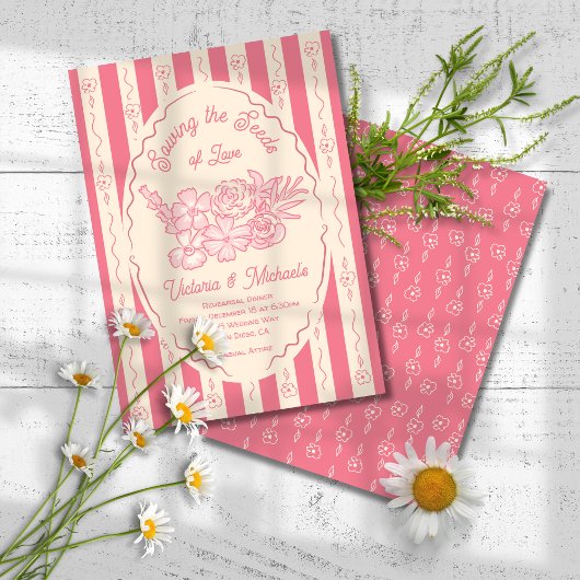 ワイルドフラワーシードパケット手描きリハーサルディナー 招待状