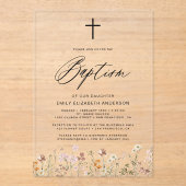 ワイルドフラワースクリプトニュートラルベージュバプテスマ アクリル招待状 (正面)