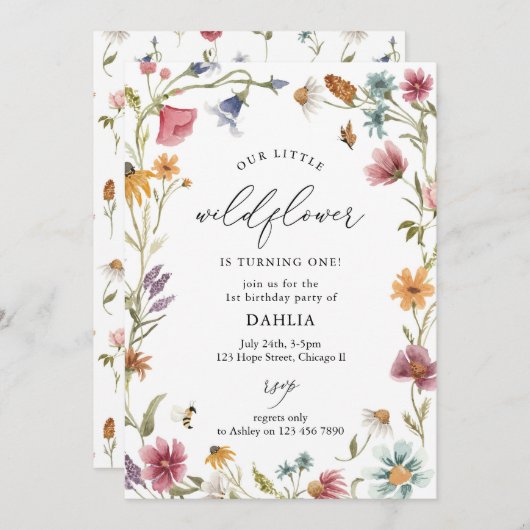 ワイルドフラワースクリプトフローラボホガール1st誕生日 招待状 (正面/裏面)