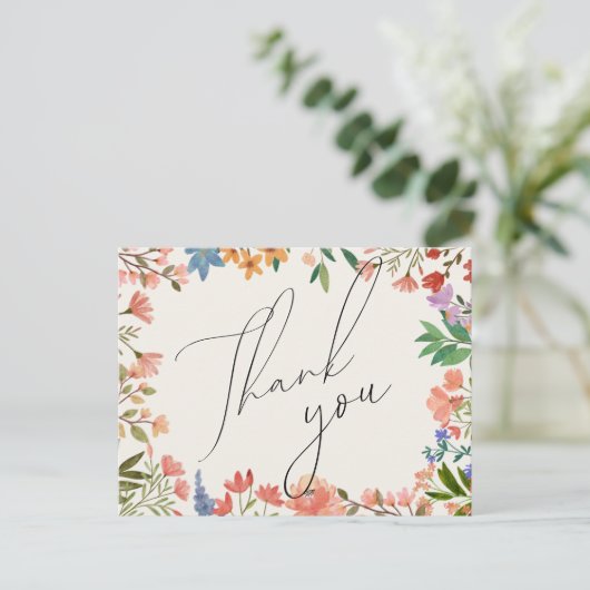 ワイルドフラワースクリプト結婚式感謝カード ポストカード (スタンド正面)