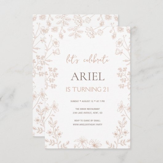 ワイルドフラワースケッチかわいいフローラ21歳の誕生日 招待状 (正面/裏面)