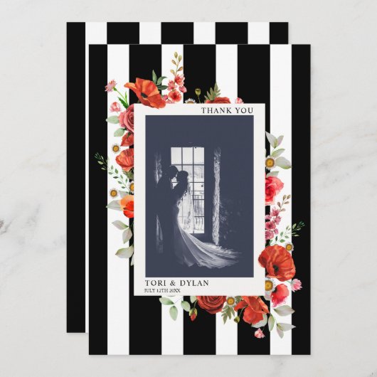 ワイルドフラワーストライプ結婚の写真サンキューカード サンキューカード (正面/裏面)