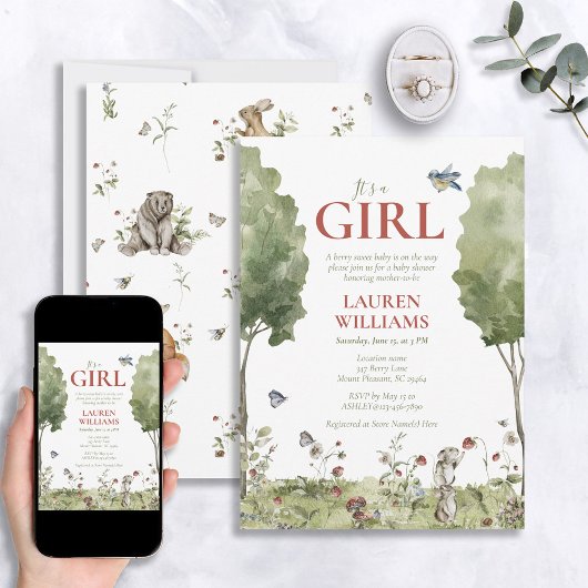 ワイルドフラワーストロベリーガールベビーシャワー 招待状