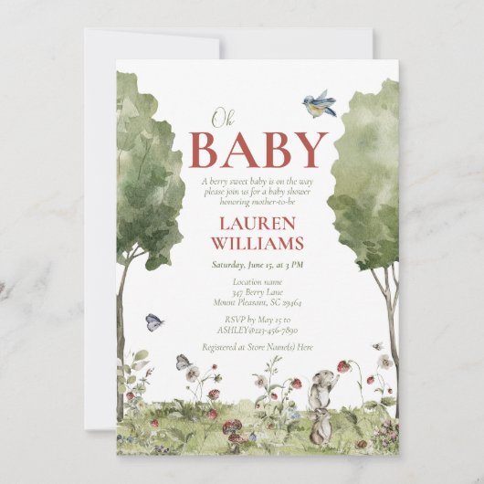 ワイルドフラワーストロベリーサマーオーベビーシャワー 招待状 (正面)