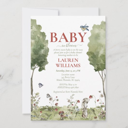 ワイルドフラワーストロベリーサマーベビーイン開花シャワー 招待状 (正面)