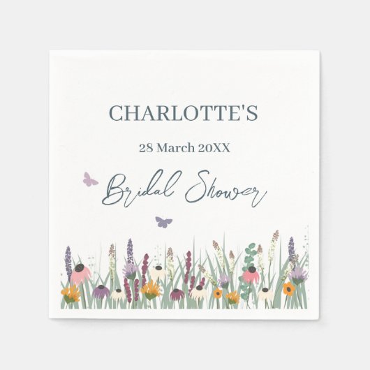 ワイルドフラワーズと蝶ブライダルシャワーパーティー スタンダードカクテルナプキン (正面)