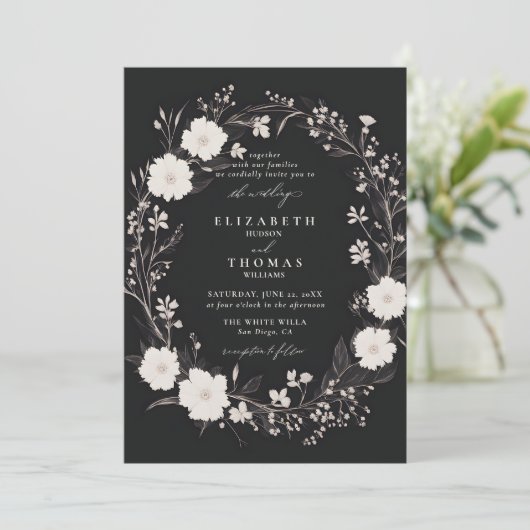 ワイルドフラワーズはっきりした白黒シックエレガントな結婚式 招待状 (スタンド正面)