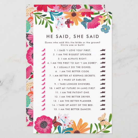 ワイルドフラワーズは彼女がブライダルシャワーゲームを言った (正面/裏面)